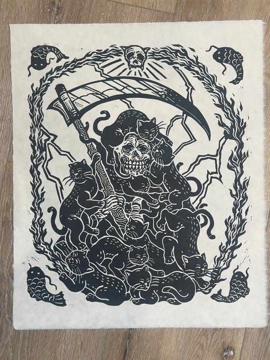 Cat Reaper Linocut Print