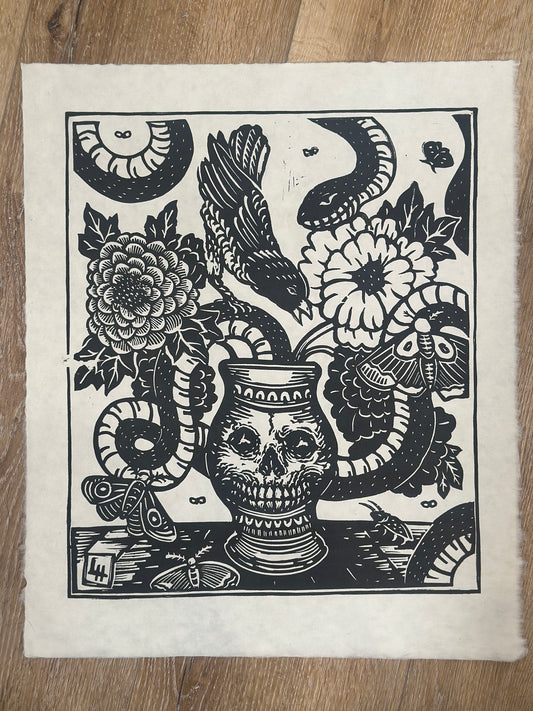 Skull Vase Linocut Print